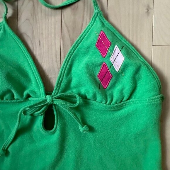 Vintage Aqua Rose Green Stretch Halter Tankini Top – Y2K Argyle Pink White – L - Picture 3 of 7